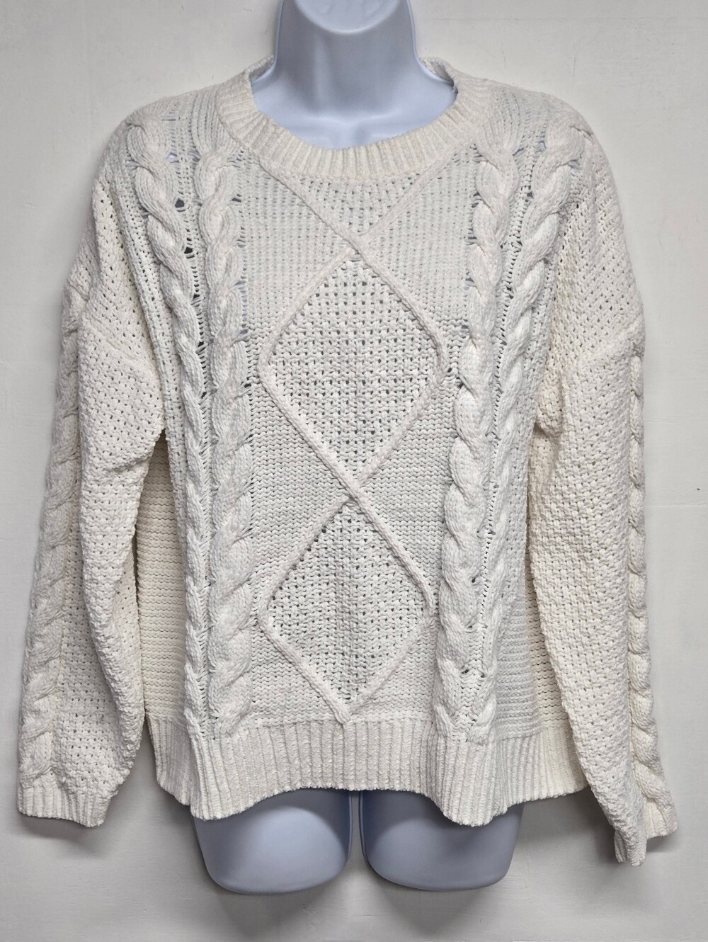 Time And Tru L 12-14 White Cable Knit Pullover Sweater Drop Sleeve